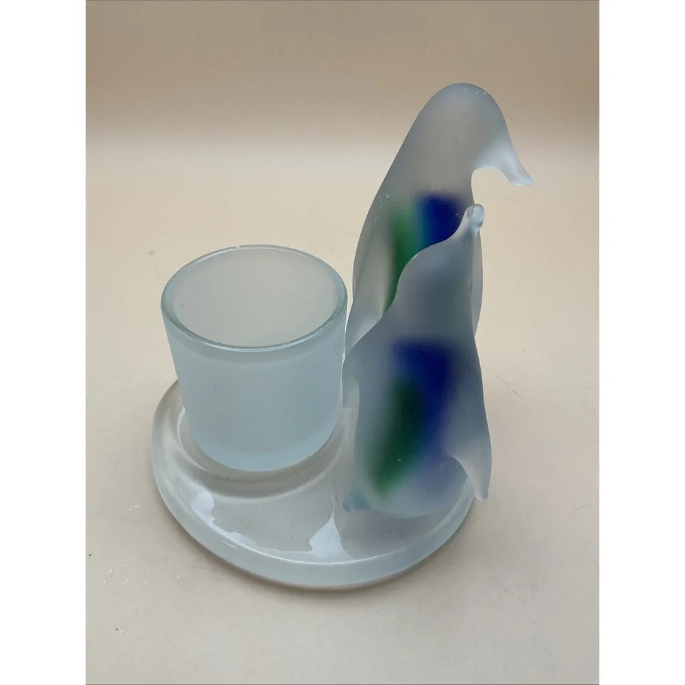 Vtg Partylite Penguins Candle Holder P7196 Frosted Satin Glass Votive Blue Green - Picture 4 of 6